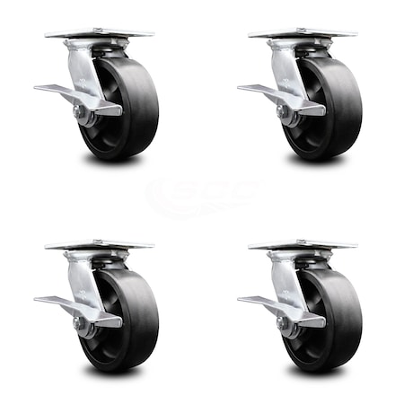 Service Caster 6 Inch Heavy Duty Glass Filled Nylon Caster Set with Roller Bearings and Brakes SCC-35S620-GFNR-SLB-4